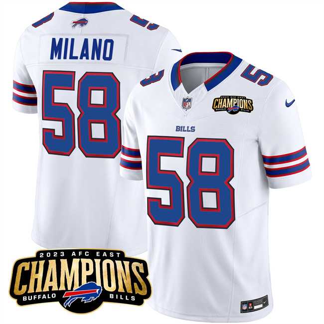 Men & Women & Youth Buffalo Bills #58 Matt Milano White 2023 F.U.S.E. AFC East Champions Ptach Stitched Jersey